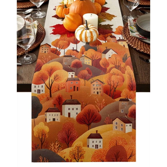 Fall Table Runner Thanksgiving Hill House Table Runners Autumn Tree Mountain Linen Cotton Linen Dresser Scarf Kitchen Dining Table Decor for Fall Holiday Party Decor 13x36 Inch