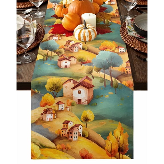 Fall Table Runner Thanksgiving Hill House Table Runners Autumn Tree Mountain Orange Plaid Cotton Linen Dresser Scarf Kitchen Dining Table Decor for Fall Holiday Party Decor 13x36 Inch