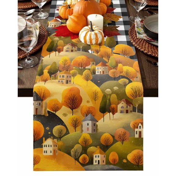 Fall Table Runner Thanksgiving Hill House Table Runners Yellow Autumn Tree Mountain Black Plaid Cotton Linen Dresser Scarf Kitchen Dining Table Decor for Fall Holiday Party Decor 13x36 Inch