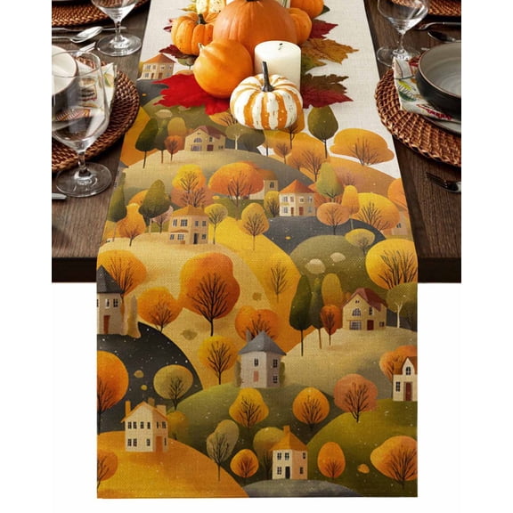 Fall Table Runner Thanksgiving Hill House Table Runners Yellow Autumn Tree Mountain Linen Cotton Linen Dresser Scarf Kitchen Dining Table Decor for Fall Holiday Party Decor 13x36 Inch