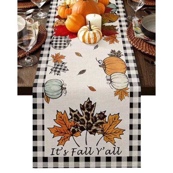Fall Table Runner Thanksgiving Leopard Maple Leaf Table Runners Black Buffalo Plaid Cotton Linen Dresser Scarf Kitchen Dining Table Decor for Fall Holiday Party Decor 13x36 Inch