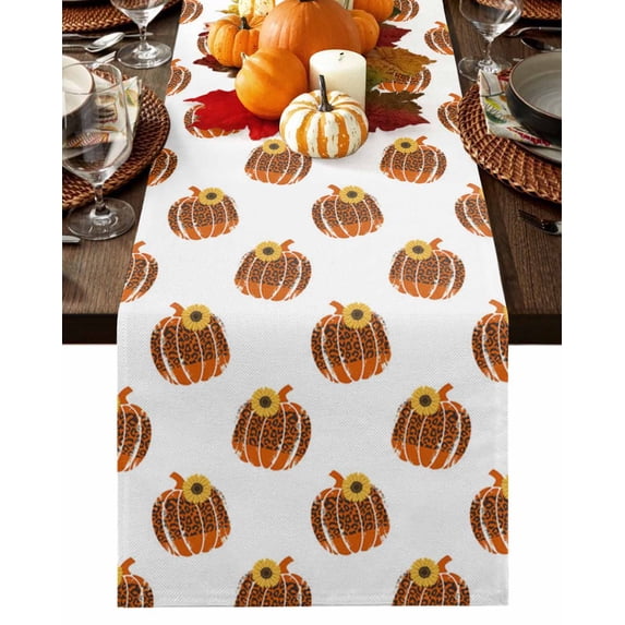 Fall Table Runner Thanksgiving Leopard Print Pumpkin Table Runners Sunflower Autumn Harvest Cotton Linen Dresser Scarf Kitchen Dining Table Decor for Fall Holiday Party Decor 13x36 Inch