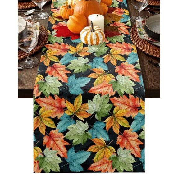 Fall Table Runner Thanksgiving Maple Leaf Table Runners Orange Blue Green Leaves Cotton Linen Dresser Scarf Kitchen Dining Table Decor for Fall Holiday Party Decor 13x36 Inch
