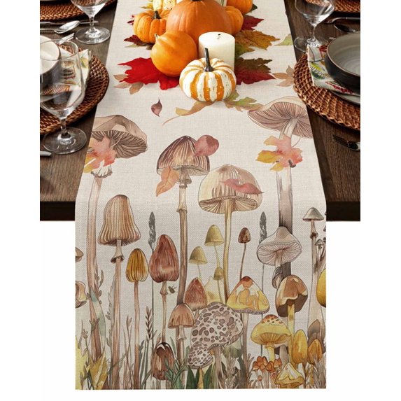Fall Table Runner Thanksgiving Mushroom Maple Leaf Table Runners Watercolor Plants Cotton Linen Dresser Scarf Kitchen Dining Table Decor for Fall Holiday Party Decor 13x90 Inch