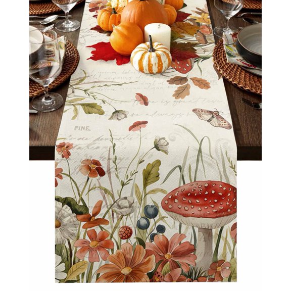 Fall Table Runner Thanksgiving Mushroom Table Runners Butterfly Daisy Flowers Berry Cotton Linen Dresser Scarf Kitchen Dining Table Decor for Fall Holiday Party Decor 13x36 Inch