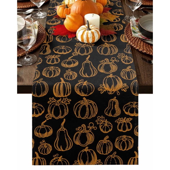 Fall Table Runner Thanksgiving Orange Black Pumpkin Table Runners Autumn Leaves Lines Cotton Linen Dresser Scarf Kitchen Dining Table Decor for Fall Holiday Party Decor 13x36 Inch