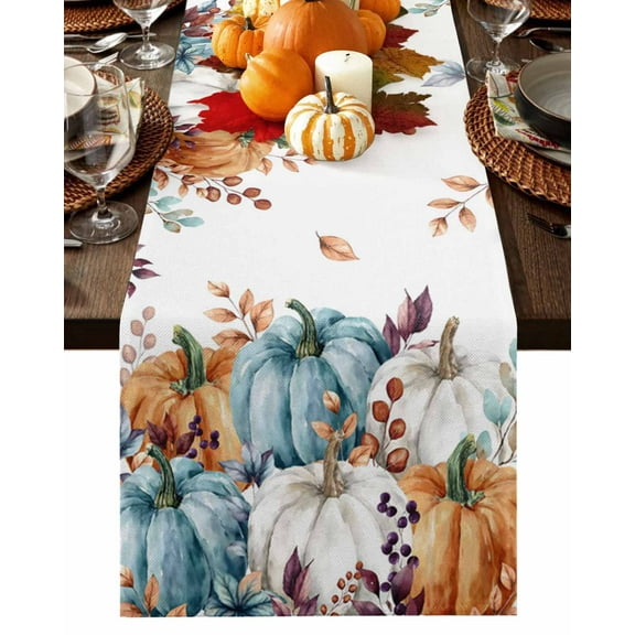 Fall Table Runner Thanksgiving Orange Blue Pumpkin Table Runners Autumn Floral Maple Leaves Cotton Linen Dresser Scarf Kitchen Dining Table Decor for Fall Holiday Party Decor 13x72 Inch