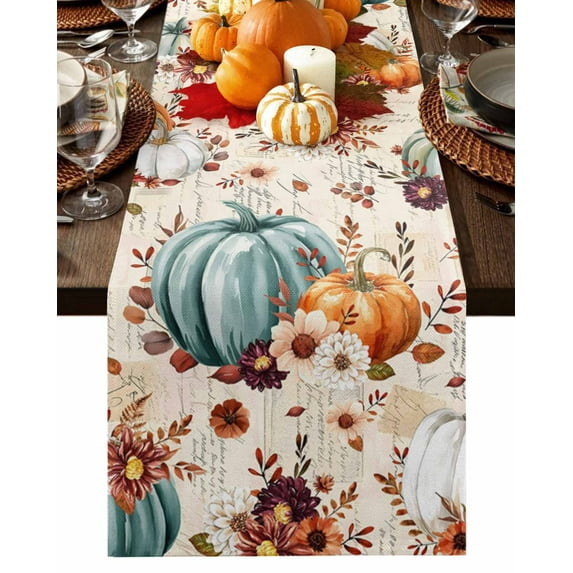 Fall Table Runner Thanksgiving Orange Blue Pumpkin Table Runners Vintage Autumn Floral Leaves Cotton Linen Dresser Scarf Kitchen Dining Table Decor for Fall Holiday Party Decor 13x72 Inch