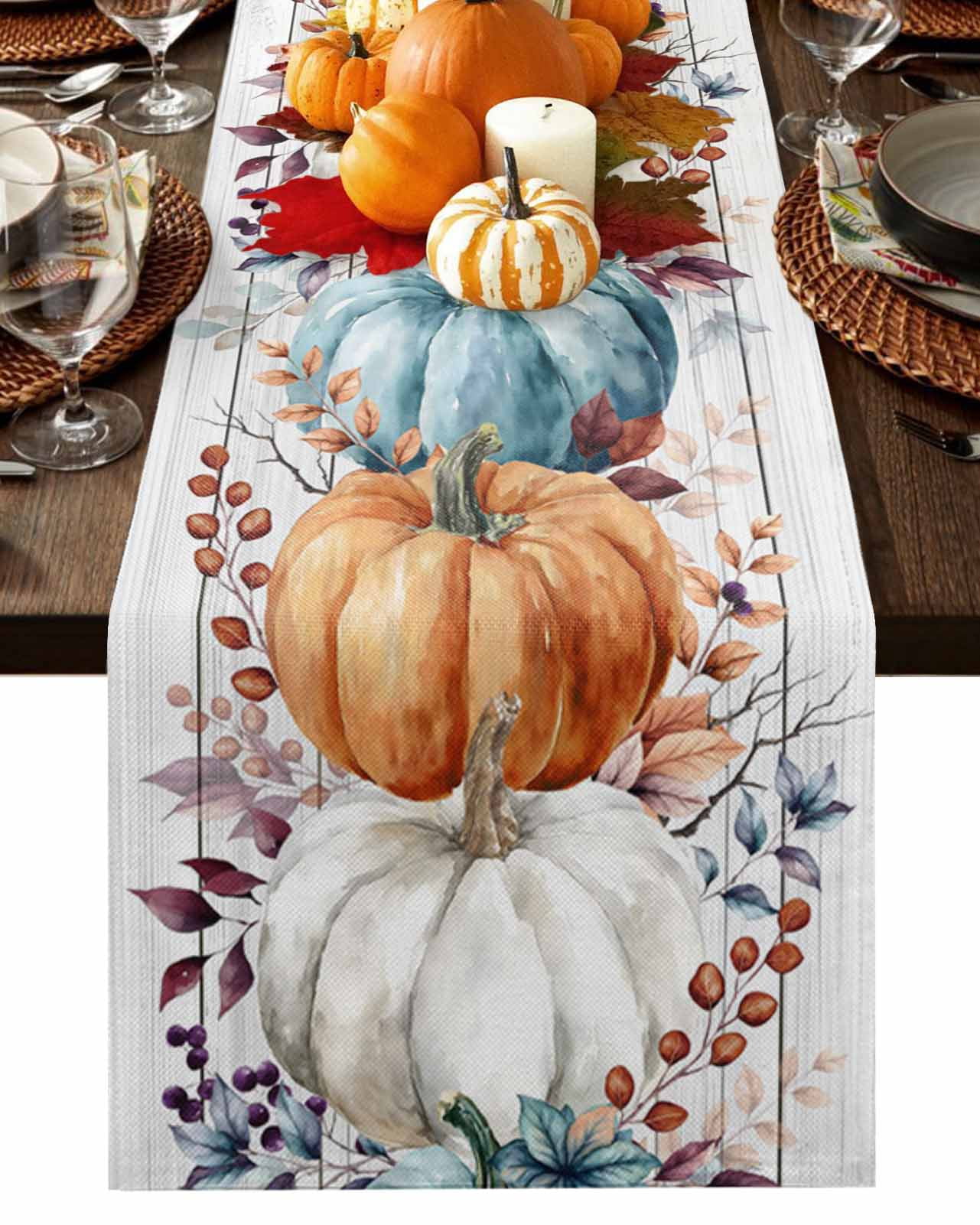Fall Table Runner Thanksgiving Orange Blue White Pumpkin Table Runners ...