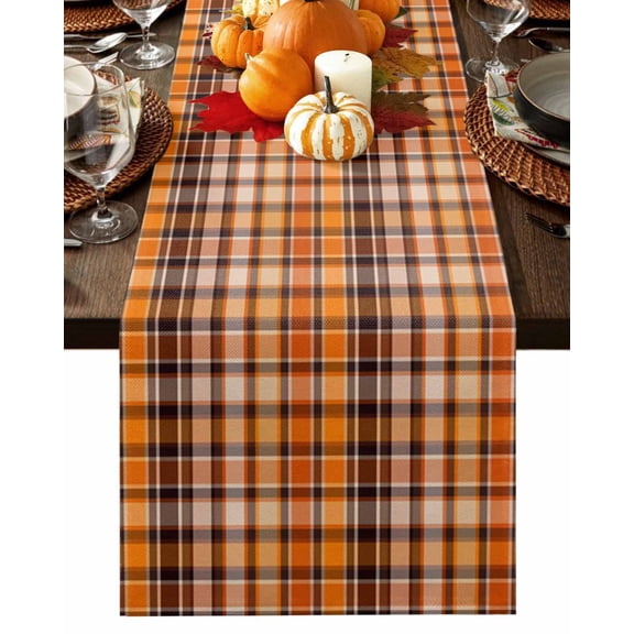 Fall Table Runner Thanksgiving Orange Buffalo Plaid Table Runners Classic Check Cotton Linen Dresser Scarf Kitchen Dining Table Decor for Fall Holiday Party Decor 13x36 Inch