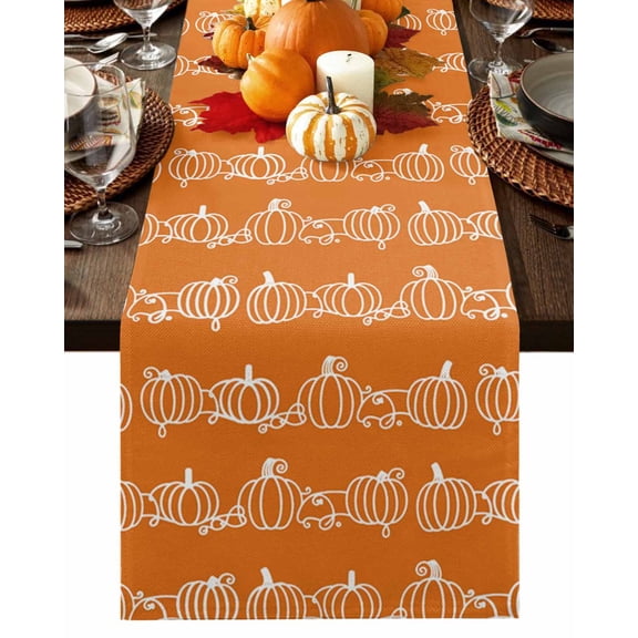 Fall Table Runner Thanksgiving Orange Harvest Pumpkin Table Runners Autumn Leaves Lines Cotton Linen Dresser Scarf Kitchen Dining Table Decor for Fall Holiday Party Decor 13x36 Inch