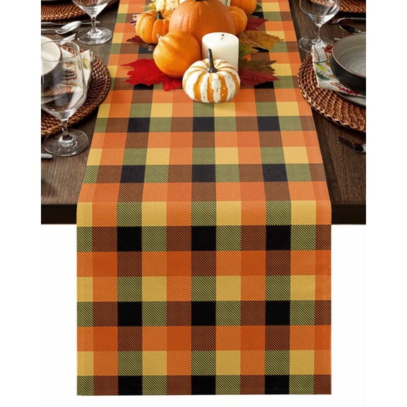 Fall Table Runner Thanksgiving Orange Lattice Table Runners Autumn Buffalo Check Plaid Cotton Linen Dresser Scarf Kitchen Dining Table Decor for Fall Holiday Party Decor 13x90 Inch