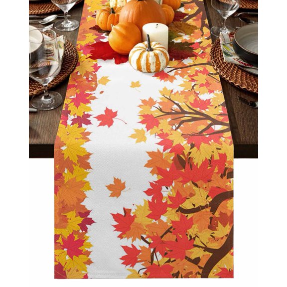 Fall Table Runner Thanksgiving Orange Maple Leaf Table Runners Autumn Fallen Leaves Cotton Linen Dresser Scarf Kitchen Dining Table Decor for Fall Holiday Party Decor 13x36 Inch