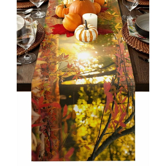 Fall Table Runner Thanksgiving Orange Maple Leaf Table Runners Sunset Autumn Fallen Leaves Cotton Linen Dresser Scarf Kitchen Dining Table Decor for Fall Holiday Party Decor 13x36 Inch