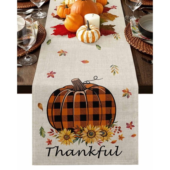 Fall Table Runner Thanksgiving Orange Plaid Pumpkin Table Runners Sunflower Leaves Linen Thankful Cotton Linen Dresser Scarf Kitchen Dining Table Decor for Fall Holiday Party Decor 13x90 Inch