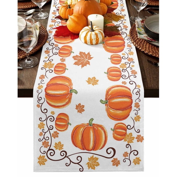 Fall Table Runner Thanksgiving Orange Pumpkin Table Runners Autumn Maple Leaf Vine Branch Cotton Linen Dresser Scarf Kitchen Dining Table Decor for Fall Holiday Party Decor 13x36 Inch