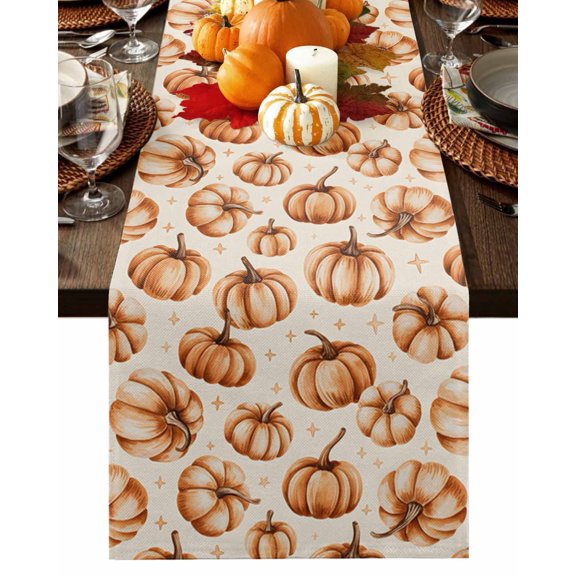Fall Table Runner Thanksgiving Orange Pumpkin Table Runners Star Autumn Harvest Cotton Linen Dresser Scarf Kitchen Dining Table Decor for Fall Holiday Party Decor 13x36 Inch