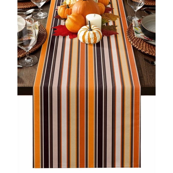 Fall Table Runner Thanksgiving Orange Striped Table Runners Vertical Stripes Lines Cotton Linen Dresser Scarf Kitchen Dining Table Decor for Fall Holiday Party Decor 13x36 Inch