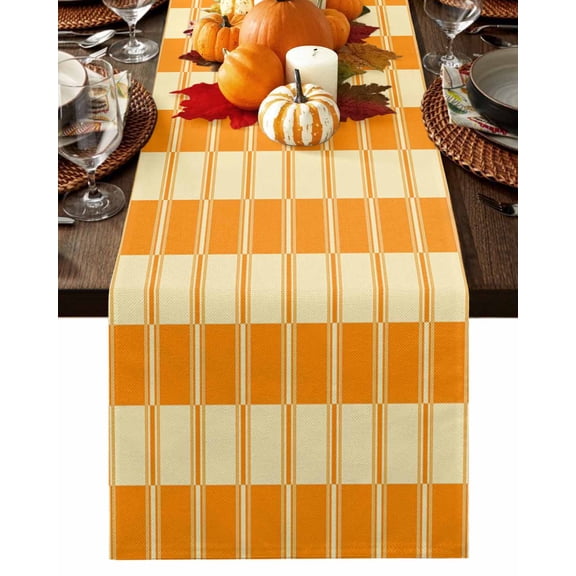Fall Table Runner Thanksgiving Orange Striped Table Runners Yellow Stripes Lines Cotton Linen Dresser Scarf Kitchen Dining Table Decor for Fall Holiday Party Decor 13x36 Inch