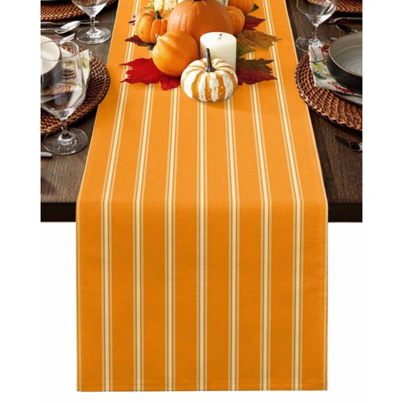 Fall Table Runner Thanksgiving Orange Stripes Table Runners Yellow Vertical Striped Lines Cotton Linen Dresser Scarf Kitchen Dining Table Decor for Fall Holiday Party Decor 13x36 Inch