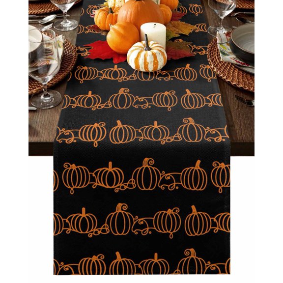 Fall Table Runner Thanksgiving OrangePumpkin Table Runners Autumn Leaves Lines Black Cotton Linen Dresser Scarf Kitchen Dining Table Decor for Fall Holiday Party Decor 13x36 Inch