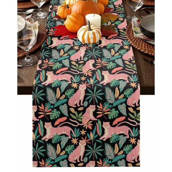 Fall Table Runner Thanksgiving Pink Tiger Table Runners Parrot Tropical Floral Leaves Cotton Linen Dresser Scarf Kitchen Dining Table Decor for Fall Holiday Party Decor 13x72 Inch