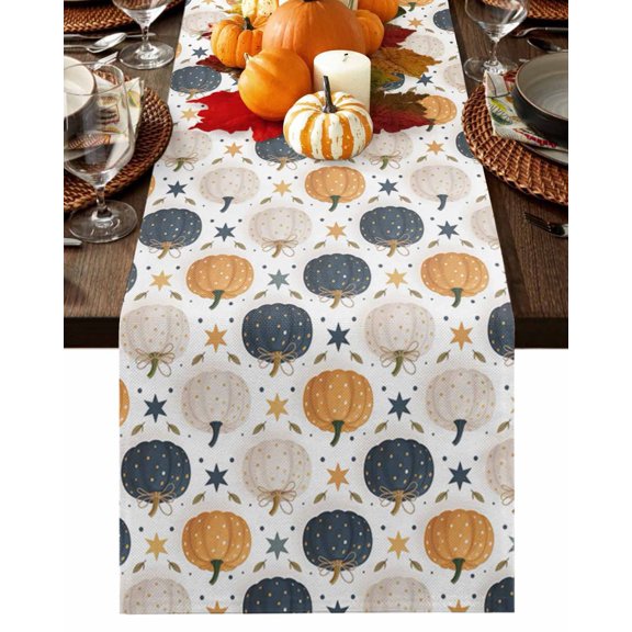 Fall Table Runner Thanksgiving Polka Dots Pumpkin Table Runners Star Autumn Leaf Cotton Linen Dresser Scarf Kitchen Dining Table Decor for Fall Holiday Party Decor 13x36 Inch