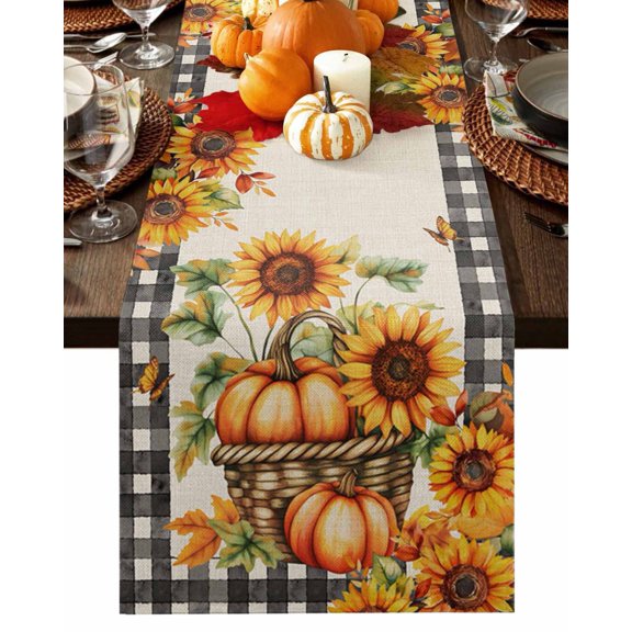 Fall Table Runner Thanksgiving Pumpkin Basket Table Runners Butterfly Sunflower Plaid Linen Cotton Linen Dresser Scarf Kitchen Dining Table Decor for Fall Holiday Party Decor 13x90 Inch