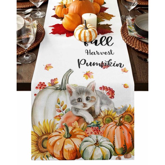 Fall Table Runner Thanksgiving Pumpkin Cat Table Runners Autumn Leaf Sunflower Cotton Linen Dresser Scarf Kitchen Dining Table Decor for Fall Holiday Party Decor 13x72 Inch