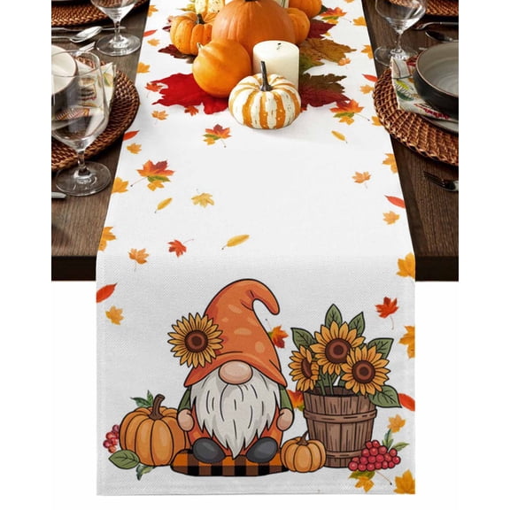Fall Table Runner Thanksgiving Pumpkin Gnome Table Runners Sunflower Orange Maple Leaves Cotton Linen Dresser Scarf Kitchen Dining Table Decor for Fall Holiday Party Decor 13x36 Inch