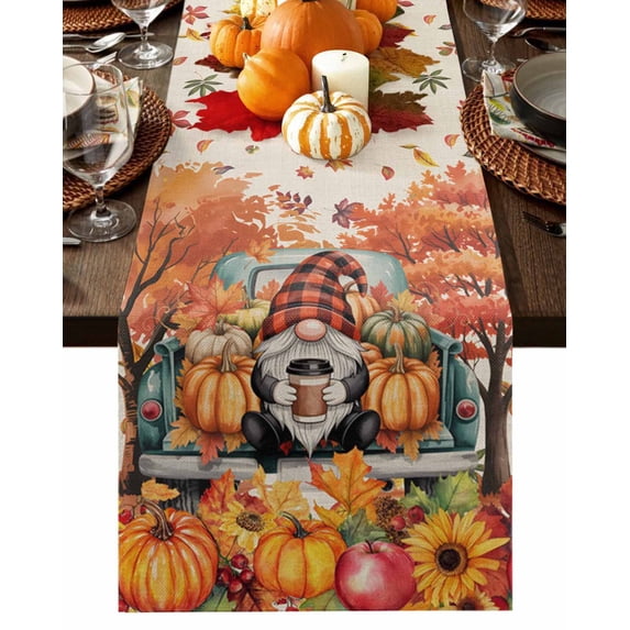 Fall Table Runner Thanksgiving Pumpkin Gnome Truck Table Runners Berry Autumn Fallen Leaf Linen Cotton Linen Dresser Scarf Kitchen Dining Table Decor for Fall Holiday Party Decor 13x36 Inch