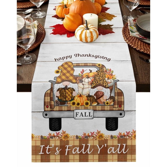 Fall Table Runner Thanksgiving Pumpkin Gnome Truck Table Runners Sunflower Wood It's Fall Y'all Cotton Linen Dresser Scarf Kitchen Dining Table Decor for Fall Holiday Party Decor 13x36 Inch