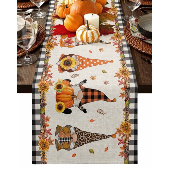 Fall Table Runner Thanksgiving Pumpkin Gnomes Table Runners Sunflower Maple Leaf Orange Plaid Linen Cotton Linen Dresser Scarf Kitchen Dining Table Decor for Fall Holiday Party Decor 13x90 Inch