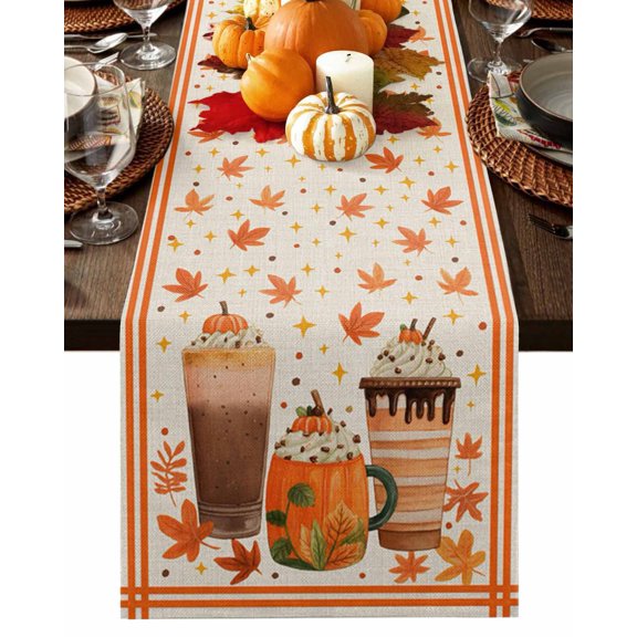 Fall Table Runner Thanksgiving Pumpkin Latte Table Runners Stars Maple Leaf Autumn Drink Linen Cotton Linen Dresser Scarf Kitchen Dining Table Decor for Fall Holiday Party Decor 13x36 Inch