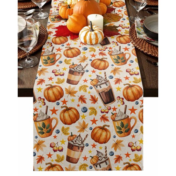 Fall Table Runner Thanksgiving Pumpkin Latte Table Runners Stars Maple Leaf Berry Linen Cotton Linen Dresser Scarf Kitchen Dining Table Decor for Fall Holiday Party Decor 13x36 Inch