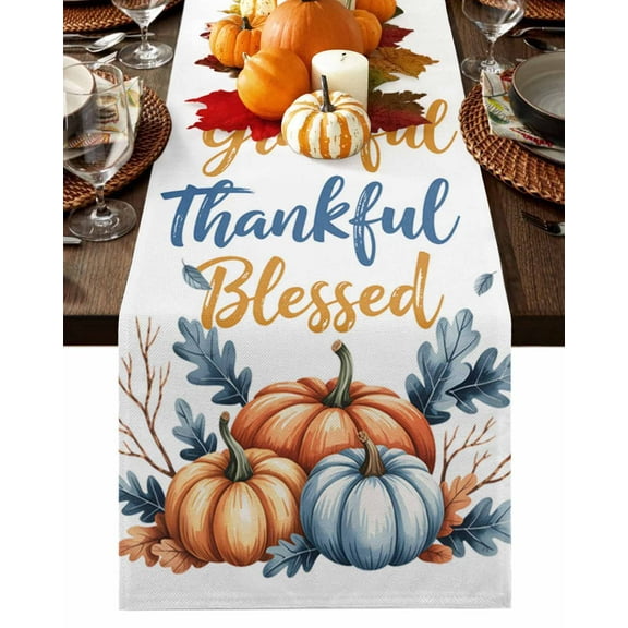 Fall Table Runner Thanksgiving Pumpkin Leaves Table Runners Grateful Thankful Blessed Cotton Linen Dresser Scarf Kitchen Dining Table Decor for Fall Holiday Party Decor 13x36 Inch