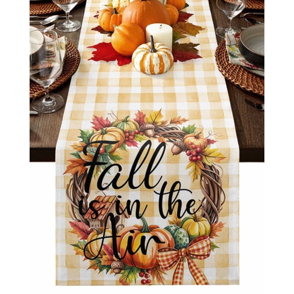 Fall Table Runner Thanksgiving Pumpkin Maple Leaves Table Runners Berry Cabin Orange Plaid Cotton Linen Dresser Scarf Kitchen Dining Table Decor for Fall Holiday Party Decor 13x36 Inch