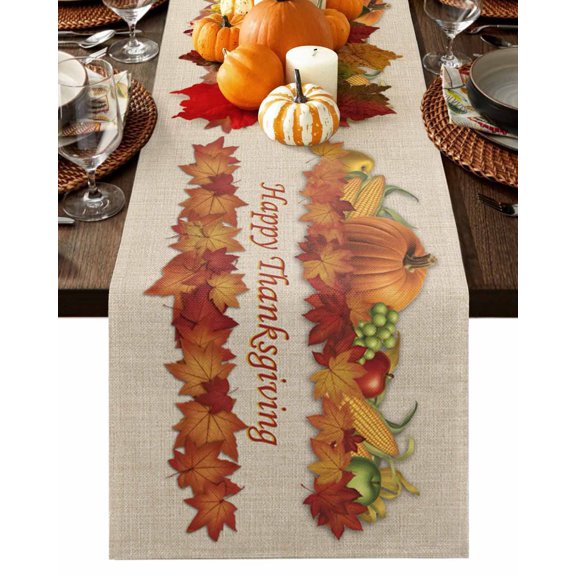 Fall Table Runner Thanksgiving Pumpkin Maple Leaves Table Runners Farm Corn Happy Thanksgiving Linen Cotton Linen Dresser Scarf Kitchen Dining Table Decor for Fall Holiday Party Decor 13x36 Inch
