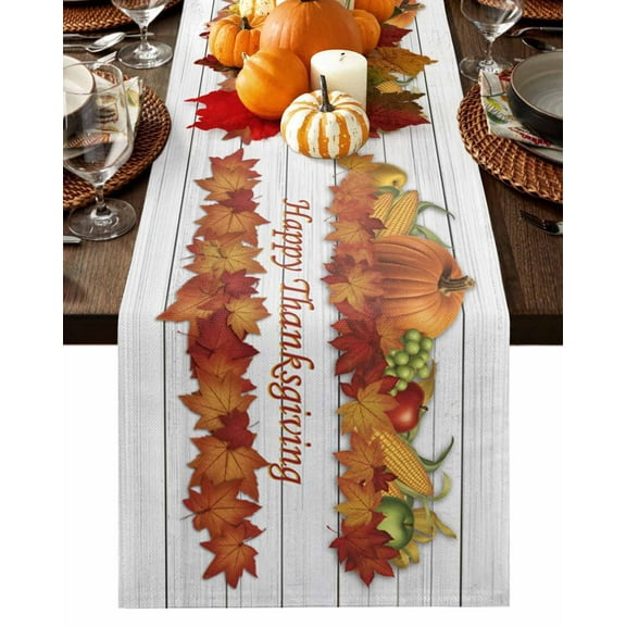 Fall Table Runner Thanksgiving Pumpkin Maple Leaves Table Runners Farm Corn Happy Thanksgiving Wood Cotton Linen Dresser Scarf Kitchen Dining Table Decor for Fall Holiday Party Decor 13x36 Inch