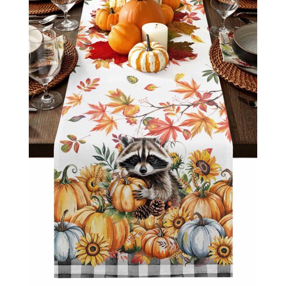 Fall Table Runner Thanksgiving Pumpkin Raccoon Table Runners Sunflower Autumn Maple Leaves Plaid Cotton Linen Dresser Scarf Kitchen Dining Table Decor for Fall Holiday Party Decor 13x90 Inch
