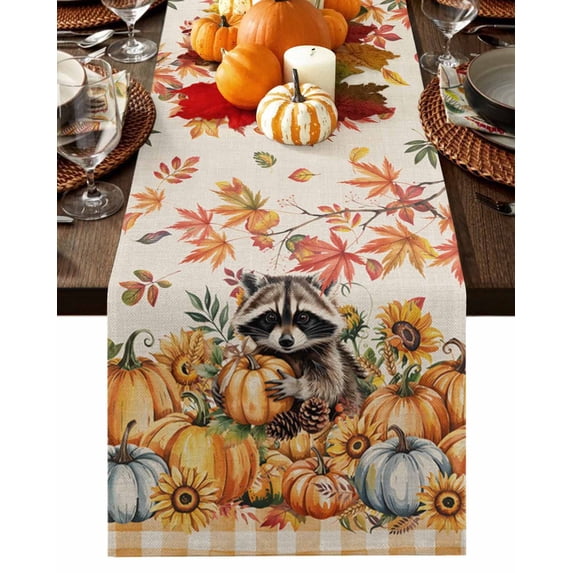 Fall Table Runner Thanksgiving Pumpkin Raccoon Table Runners Sunflower Maple Leaf Orange Plaid Linen Cotton Linen Dresser Scarf Kitchen Dining Table Decor for Fall Holiday Party Decor 13x72 Inch
