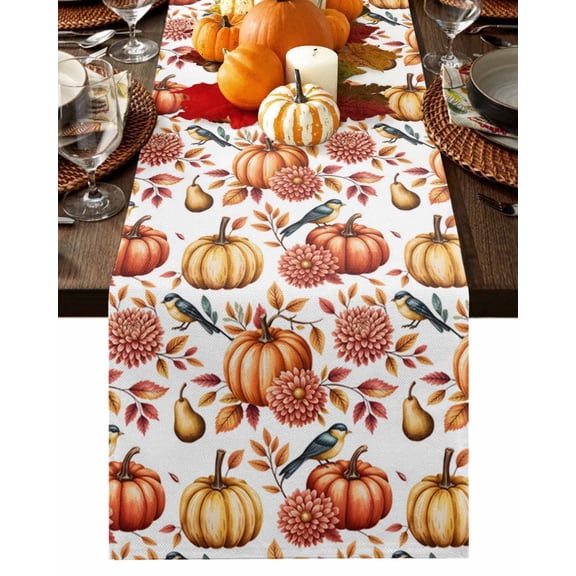 Fall Table Runner Thanksgiving Pumpkin Sparrow Table Runners Pear Dahlia Flower Leaves Cotton Linen Dresser Scarf Kitchen Dining Table Decor for Fall Holiday Party Decor 13x72 Inch