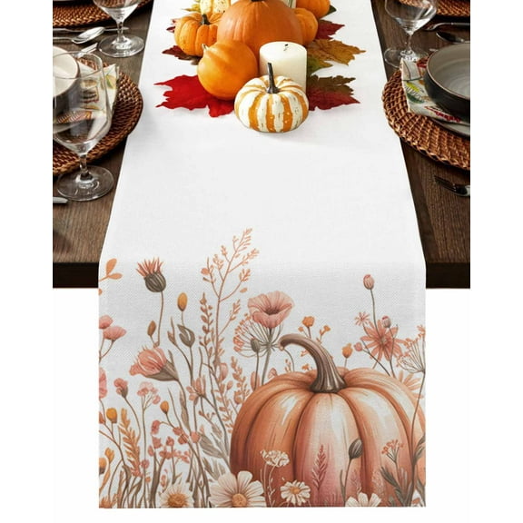 Fall Table Runner Thanksgiving Pumpkin Table Runners Autumn Wildflower Leaves Cotton Linen Dresser Scarf Kitchen Dining Table Decor for Fall Holiday Party Decor 13x36 Inch