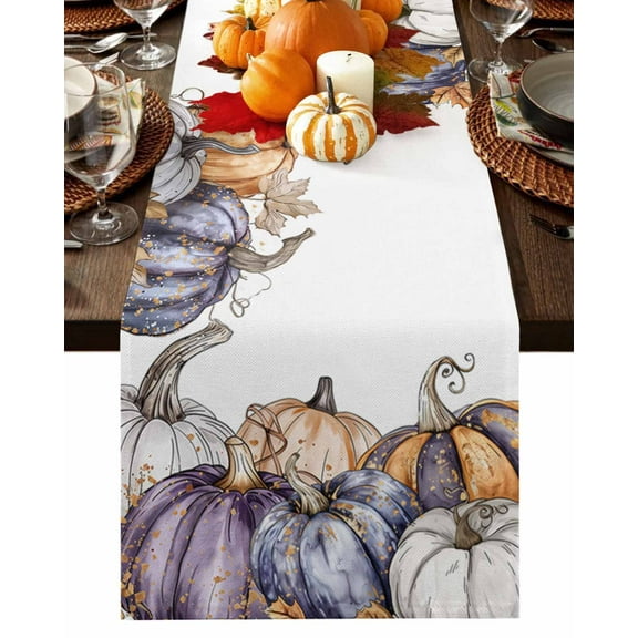 Fall Table Runner Thanksgiving Purple Orange White Pumpkin Table Runners Maple Leaf Cotton Linen Dresser Scarf Kitchen Dining Table Decor for Fall Holiday Party Decor 13x36 Inch