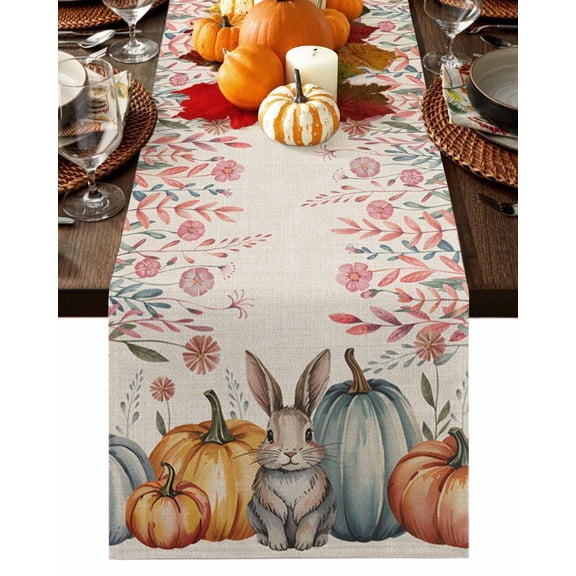 Fall Table Runner Thanksgiving Rabbit Pumpkin Table Runners Pink Floral Leaves Linen Cotton Linen Dresser Scarf Kitchen Dining Table Decor for Fall Holiday Party Decor 13x36 Inch