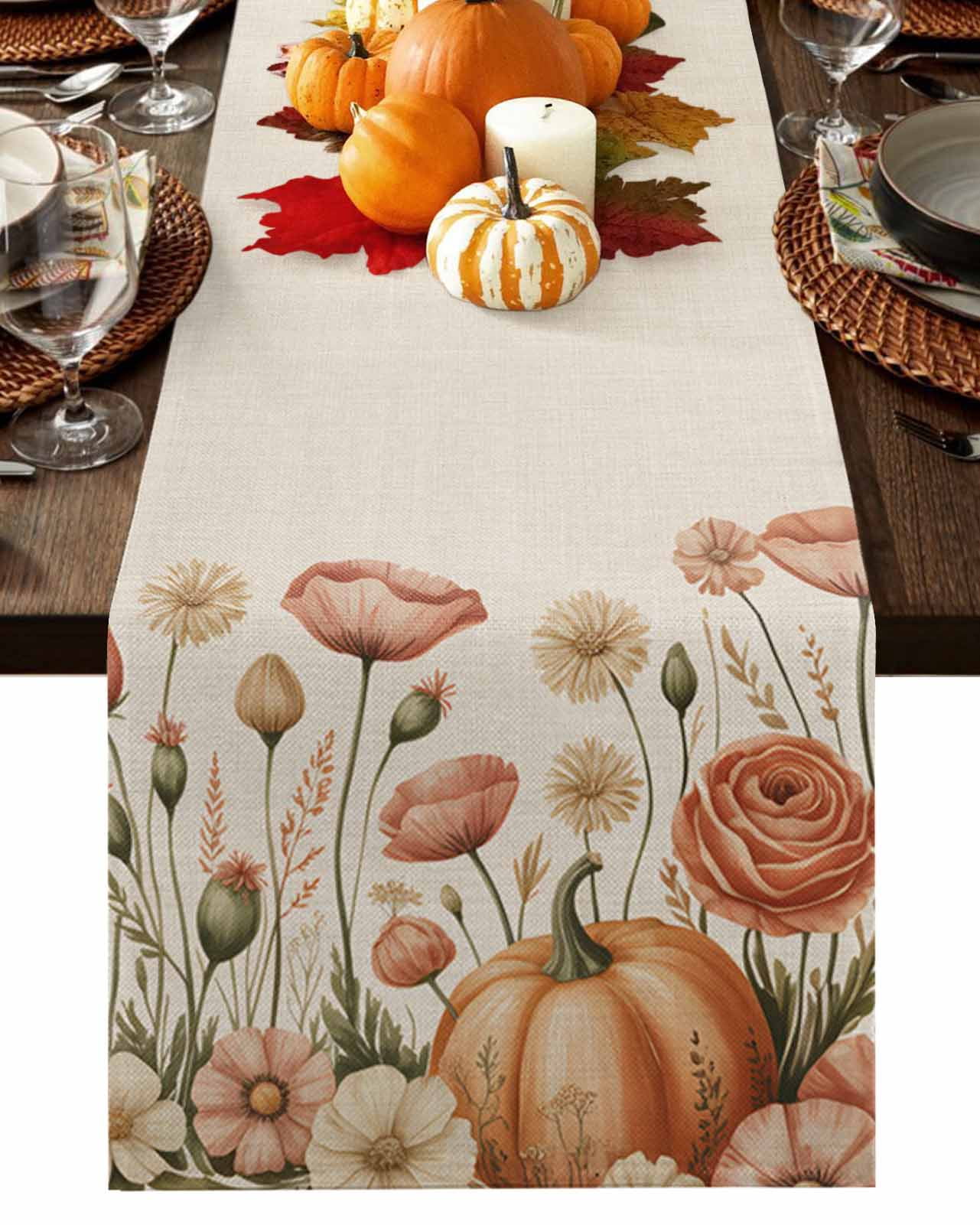 Fall Table Runner Thanksgiving Rose Pumpkin Table Runners Autumn Floral ...