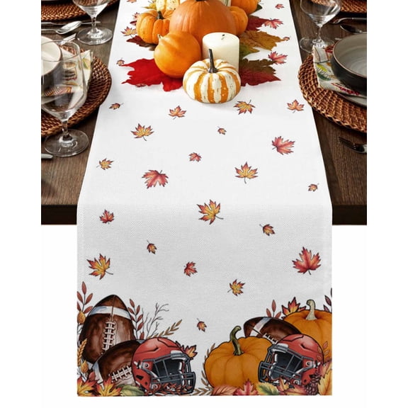 Fall Table Runner Thanksgiving Rugby Helmet Table Runners Autumn Pumpkin Maple Leaves Cotton Linen Dresser Scarf Kitchen Dining Table Decor for Fall Holiday Party Decor 13x36 Inch