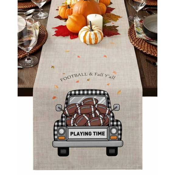 Fall Table Runner Thanksgiving Rugby Plaid Truck Table Runners Maple Leaves Sports Playing Time Cotton Linen Dresser Scarf Kitchen Dining Table Decor for Fall Holiday Party Decor 13x72 Inch