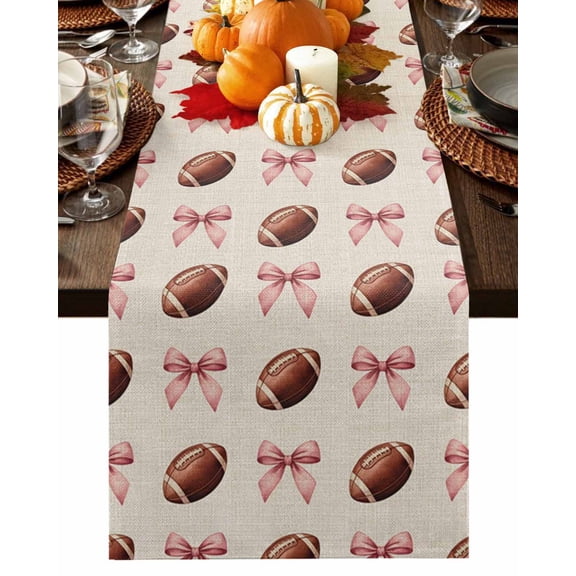 Fall Table Runner Thanksgiving Rugby Table Runners Pink Bow Tie Football Cotton Linen Dresser Scarf Kitchen Dining Table Decor for Fall Holiday Party Decor 13x36 Inch