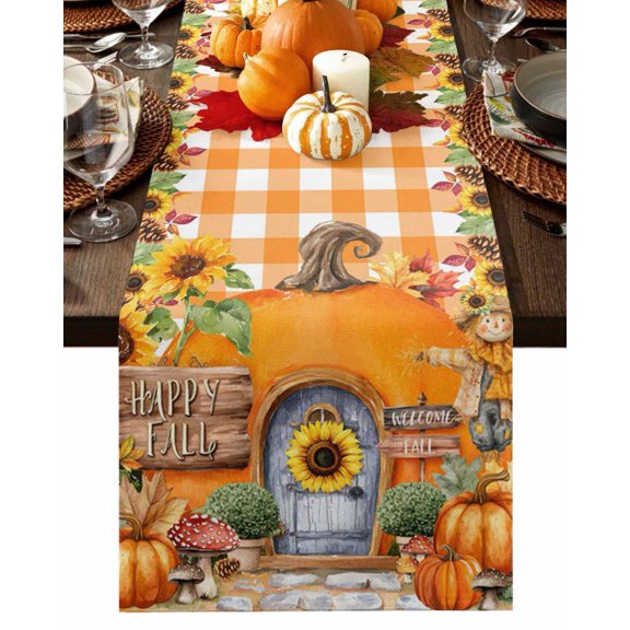 Fall Table Runner Thanksgiving Scarecrows Pumpkin Table Runners Sunflower Pine Cone Orange Plaid Cotton Linen Dresser Scarf Kitchen Dining Table Decor for Fall Holiday Party Decor 13x72 Inch